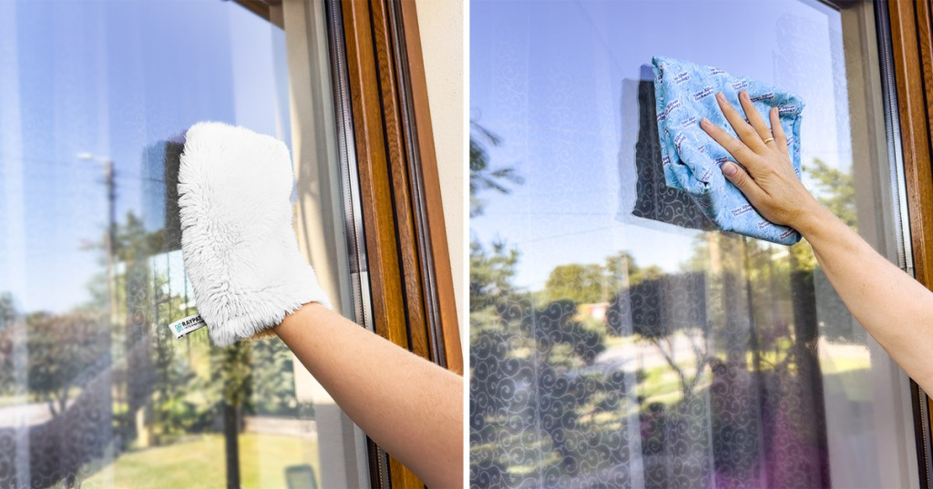 Fensterrahmen reinigen ohne Reiniger: Kunststoffrahmen und Fensterbank mit weißem Handschuh und Sunbeam