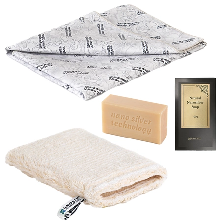 SEMI-MOIST GLOVE SET BEIGE SUNBEAM GREY SOAP WITH NANOSILVER - RAYPATH