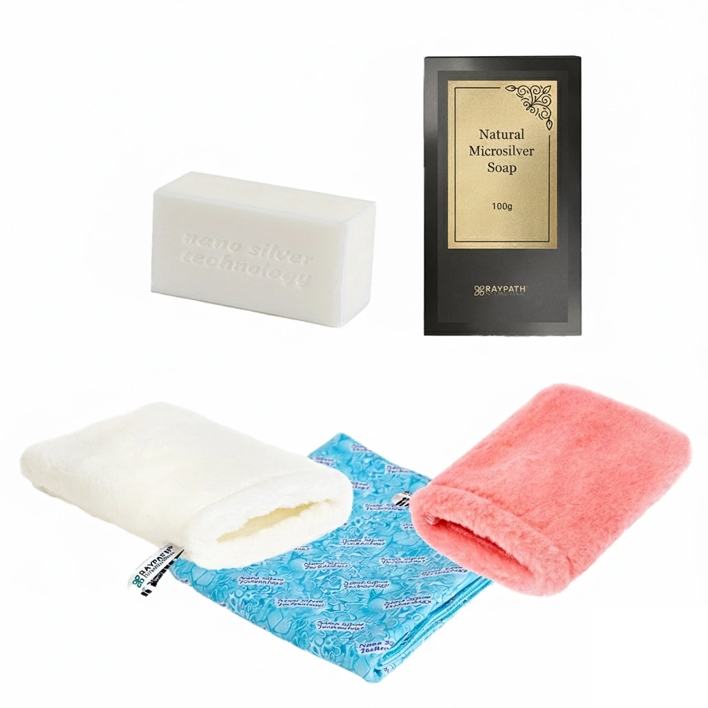 Starter-Set von Raypath mit weißem und rosa Handschuh, Sunbeam XL und Seife